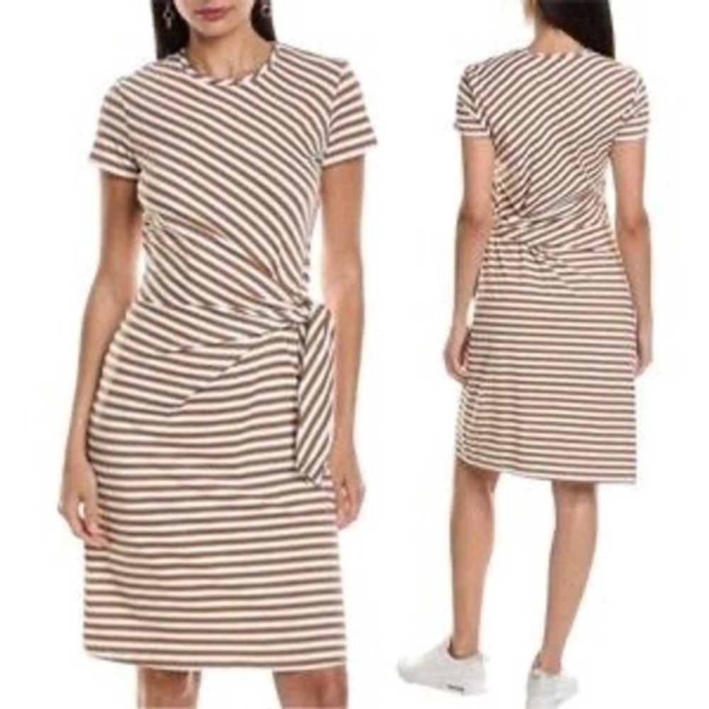 J.McLaughlin | Striped Side Tie Dress Small Brown White Short Sleeve Knee Length